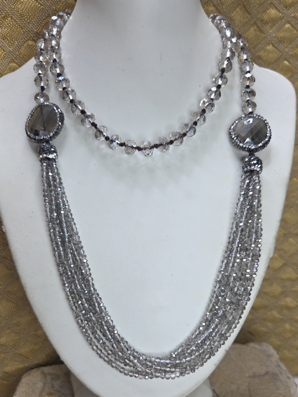 Elegant Gray Crystal Multi-Strand Long Necklace in Silver